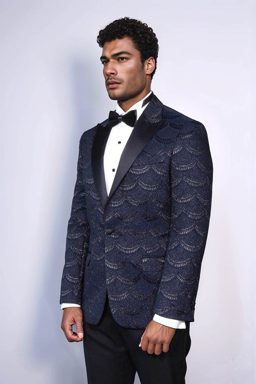 Patterned Slim Fit Navy Blue Men Prom Blazer - Wessi
