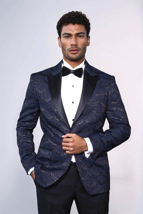 Patterned Slim Fit Navy Blue Men Prom Blazer - Wessi