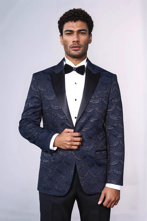 Patterned Slim Fit Navy Blue Men Prom Blazer - Wessi