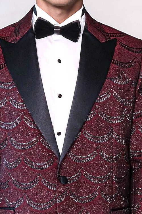 Patterned Slim Fit Burgundy Men Prom Blazer - Wessi