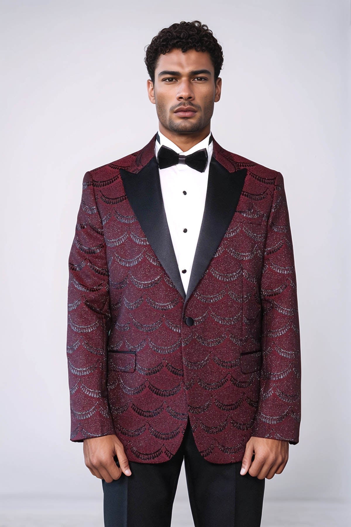Patterned Slim Fit Burgundy Men Prom Blazer - Wessi