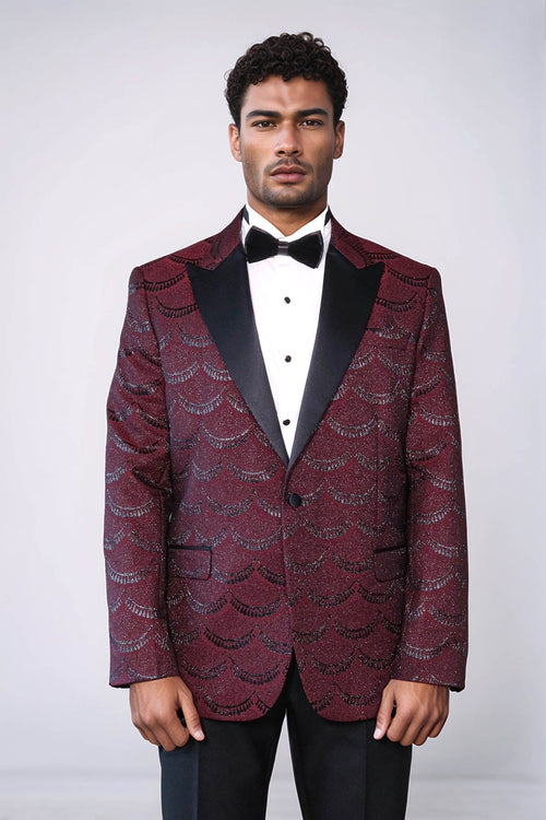 Patterned Slim Fit Burgundy Men Prom Blazer - Wessi