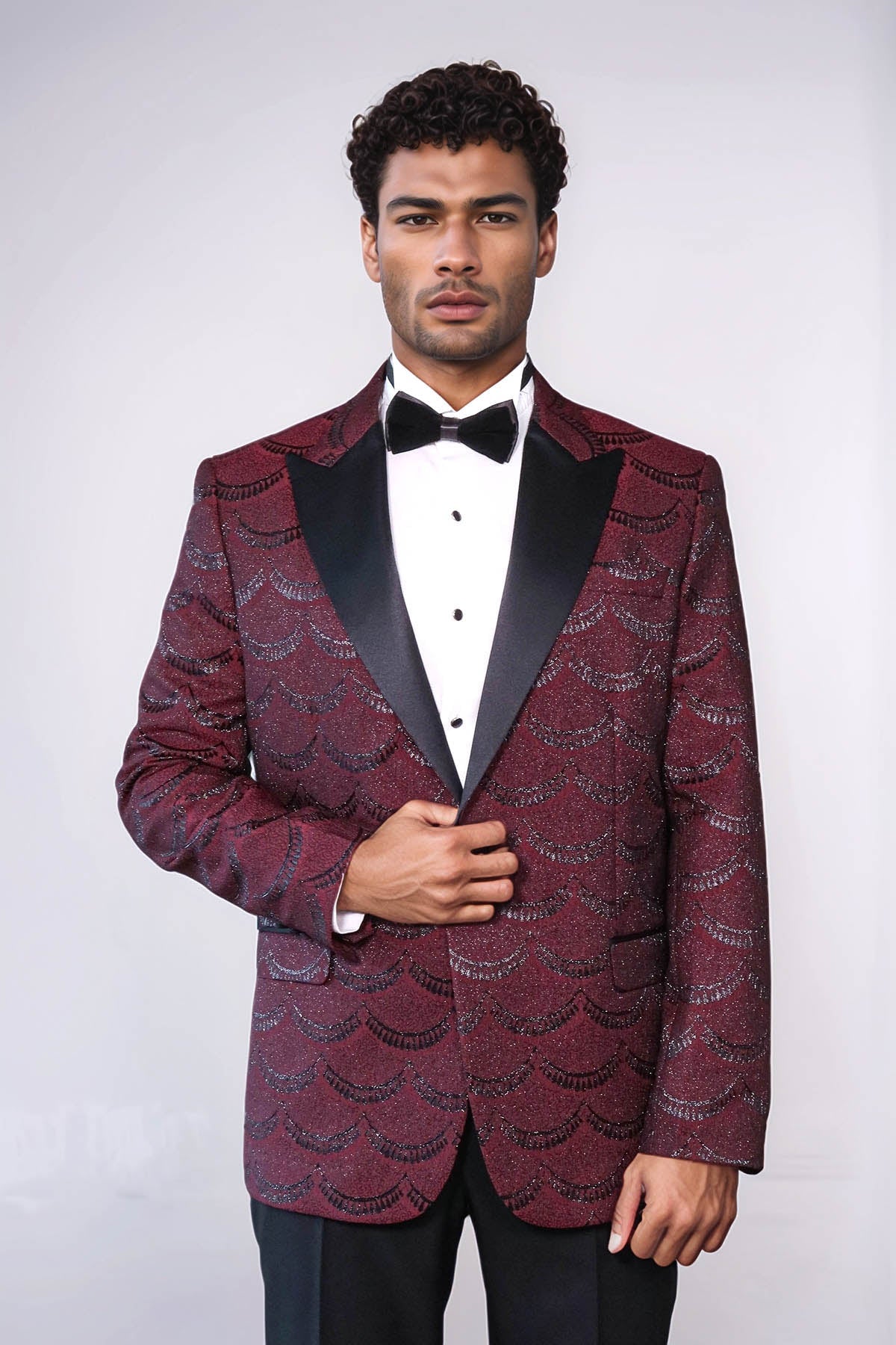 Patterned Slim Fit Burgundy Men Prom Blazer - Wessi