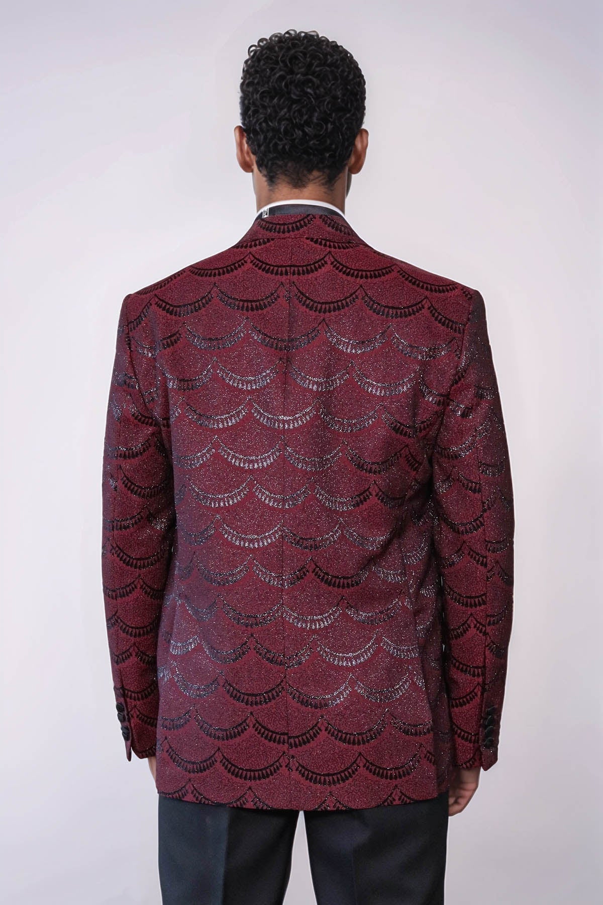 Patterned Slim Fit Burgundy Men Prom Blazer - Wessi