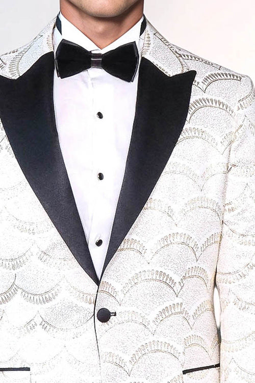 Patterned Slim Fit White Men Prom Blazer - Wessi