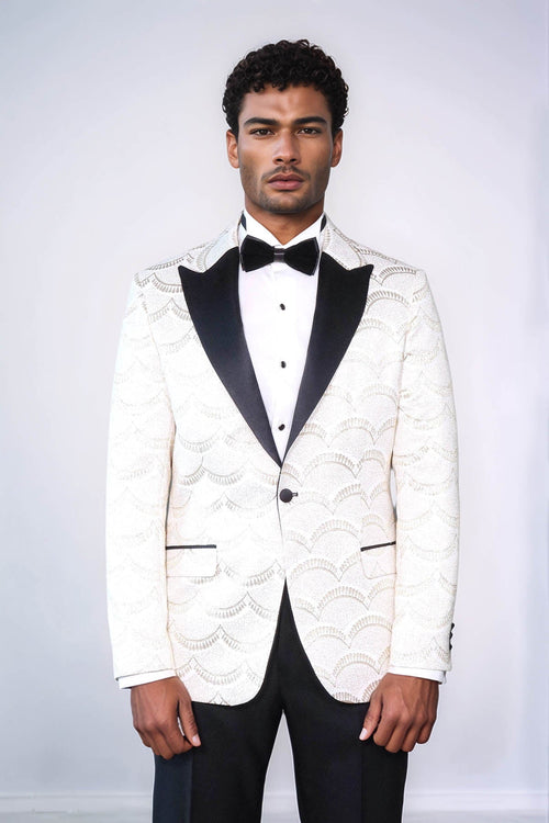 Patterned Slim Fit White Men Prom Blazer - Wessi