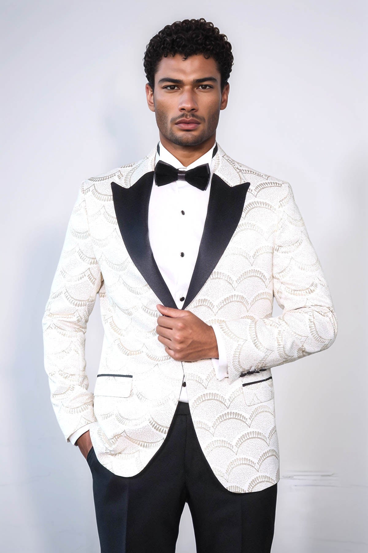 Patterned Slim Fit White Men Prom Blazer - Wessi