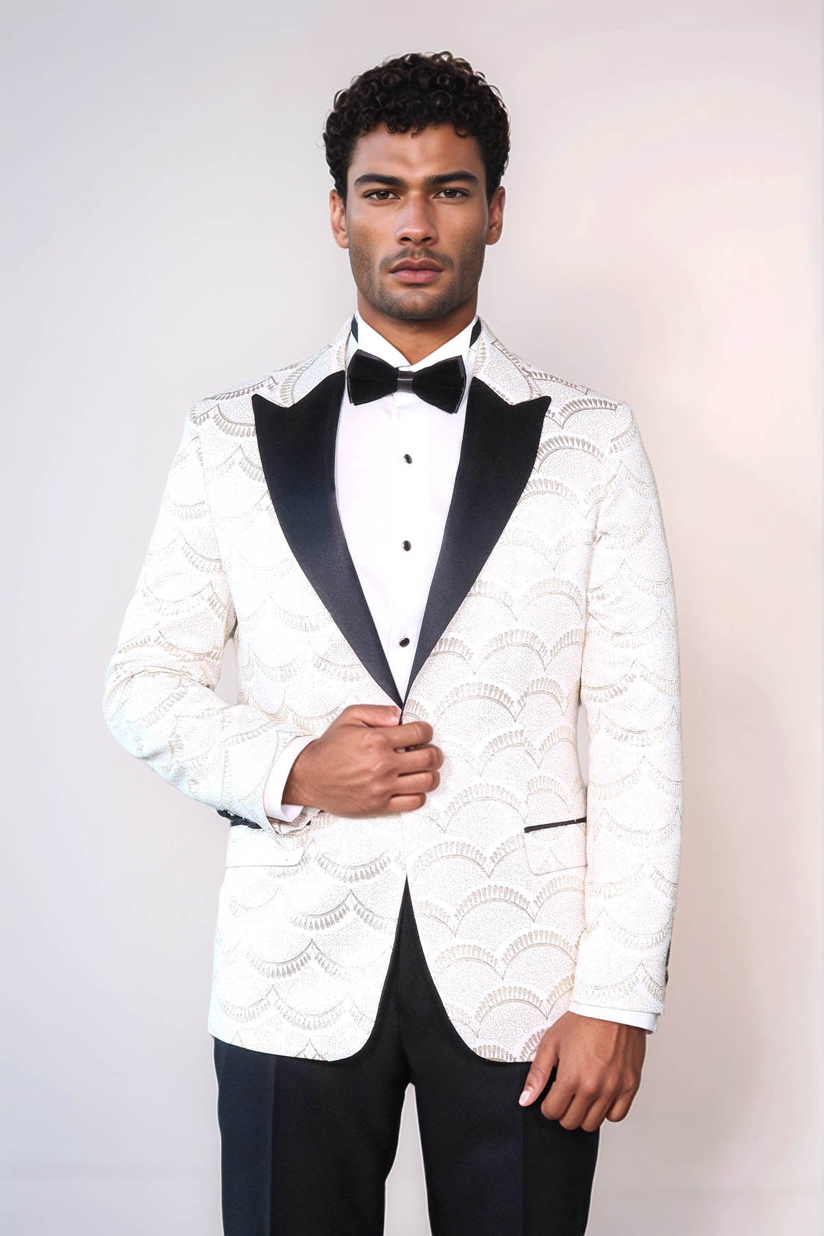 Patterned Slim Fit White Men Prom Blazer - Wessi