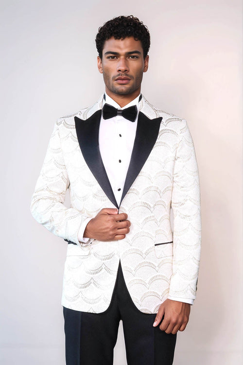 Patterned Slim Fit White Men Prom Blazer - Wessi