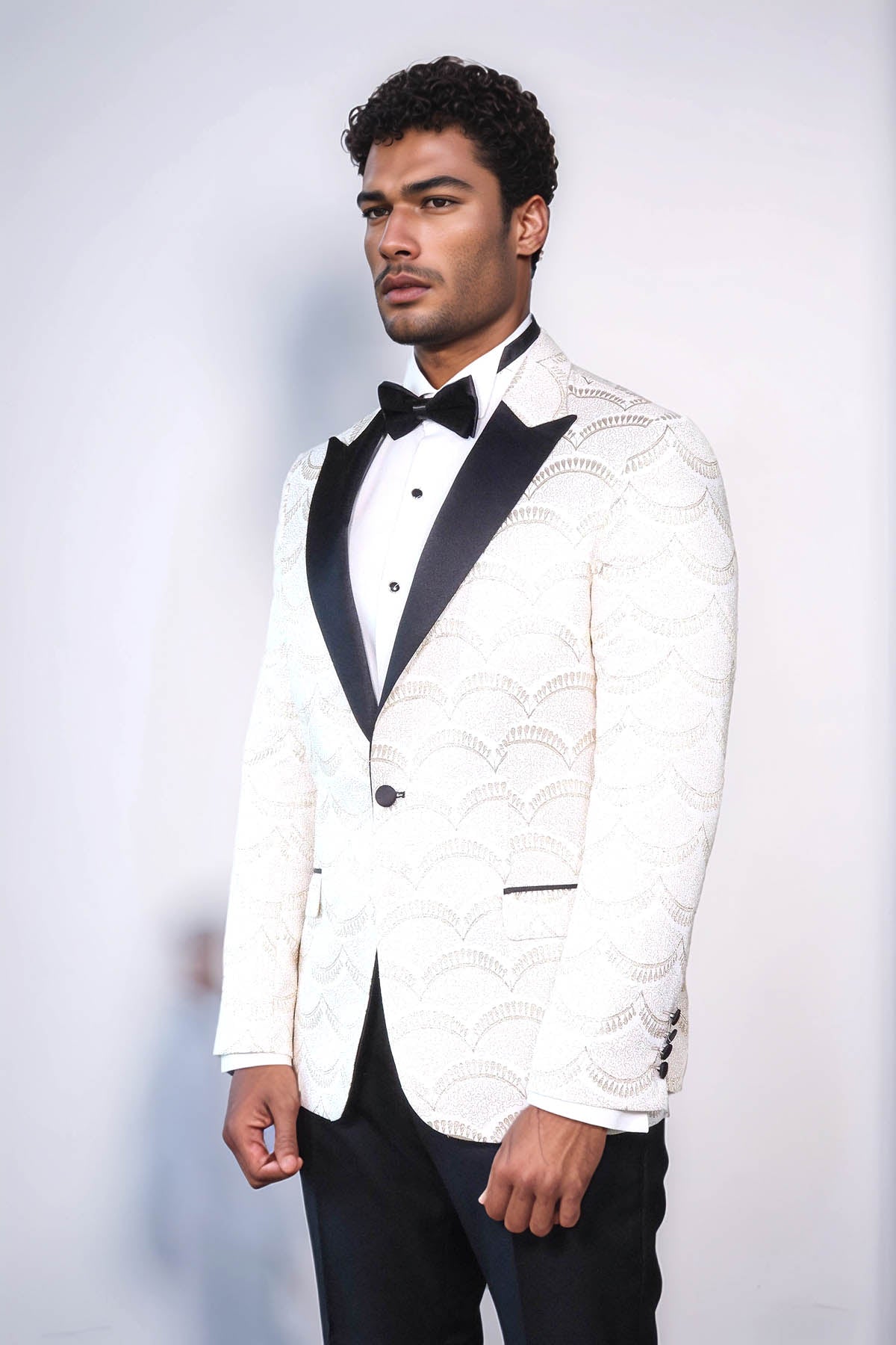 Patterned Slim Fit White Men Prom Blazer - Wessi
