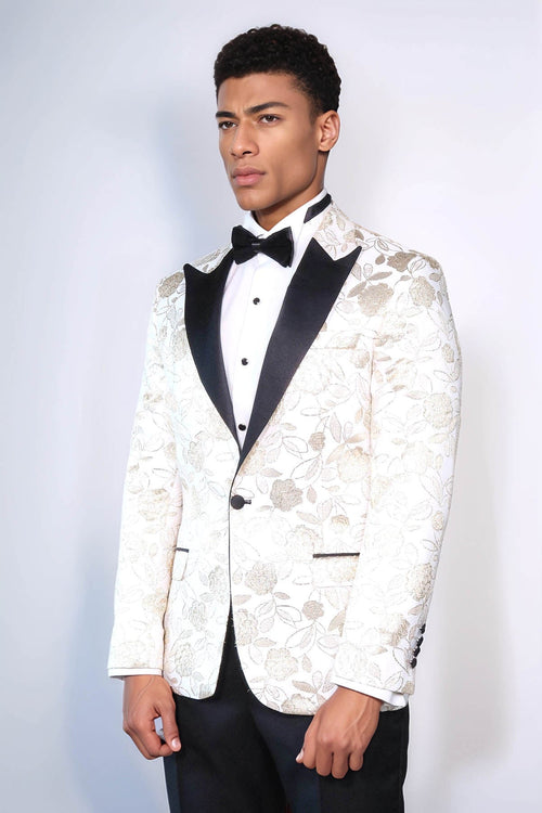 Floral Patterned White Men Prom Blazer - Wessi