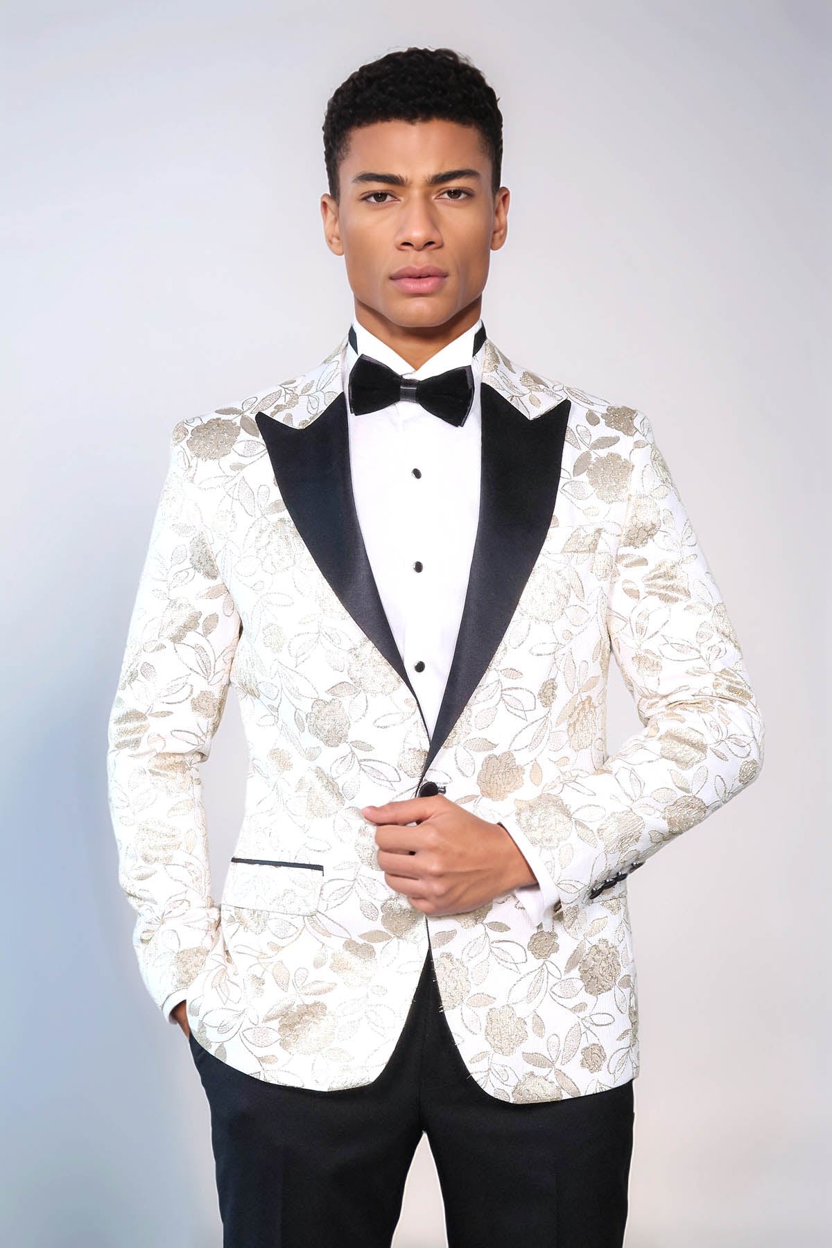 Floral Patterned White Men Prom Blazer - Wessi