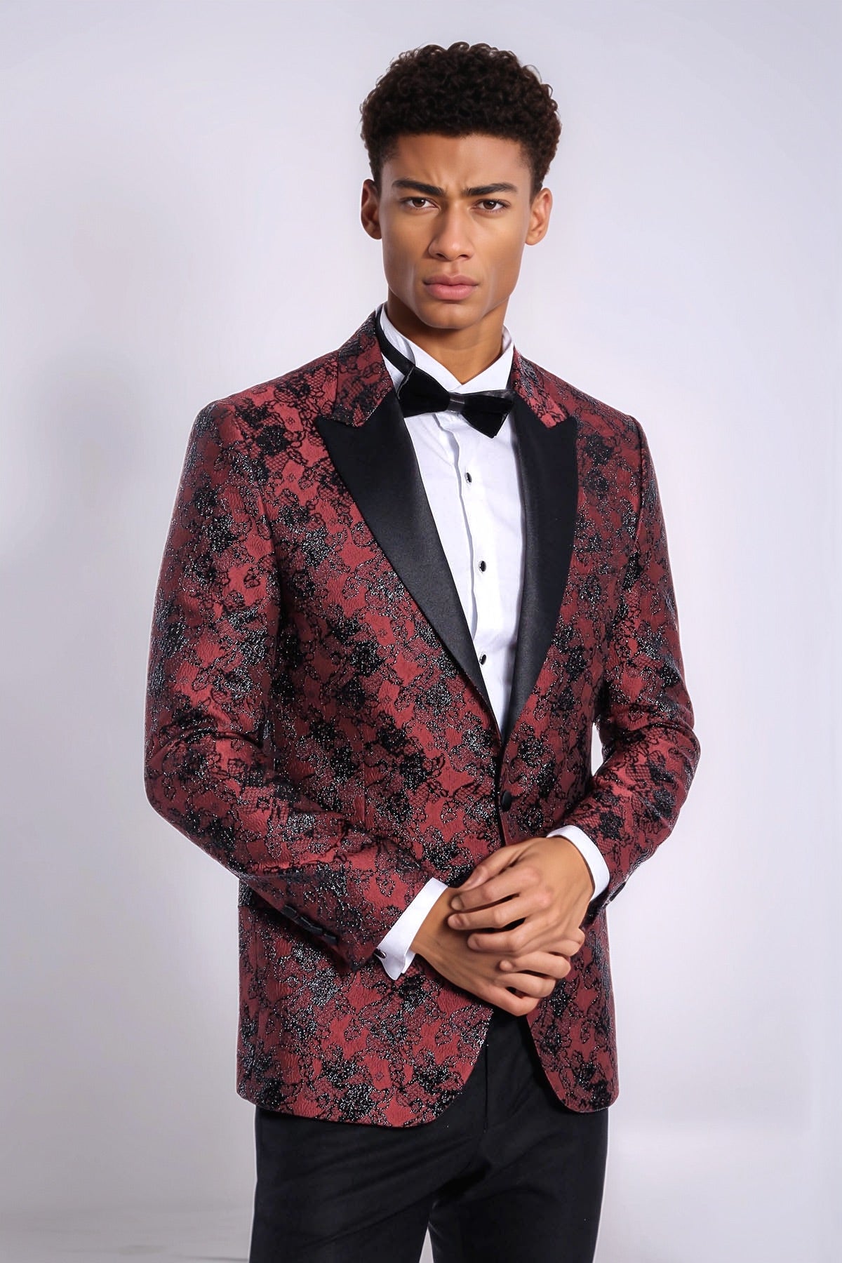 Floral Patterned Slim Fit Burgundy Men Prom Blazer - Wessi