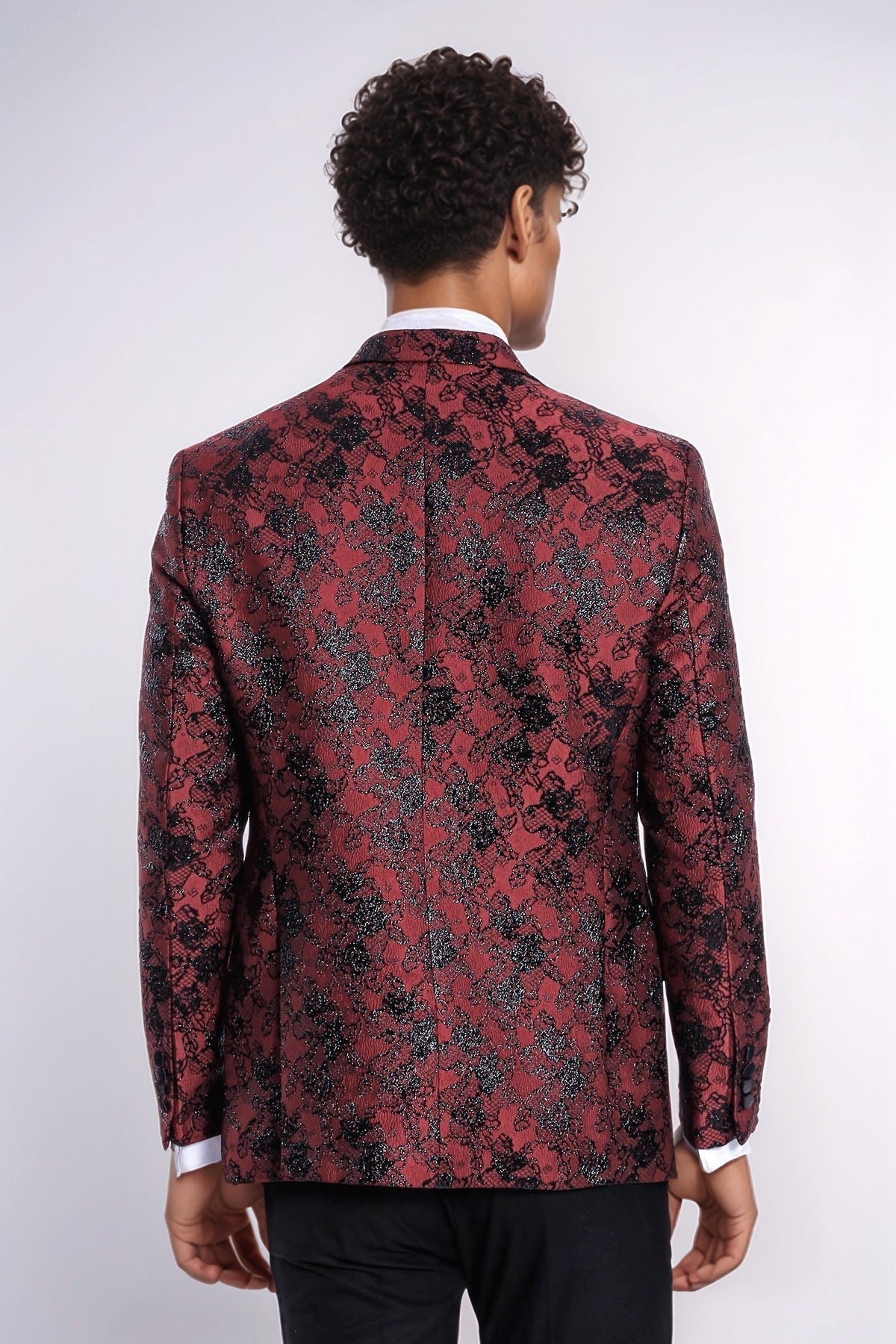 Floral Patterned Slim Fit Burgundy Men Prom Blazer - Wessi