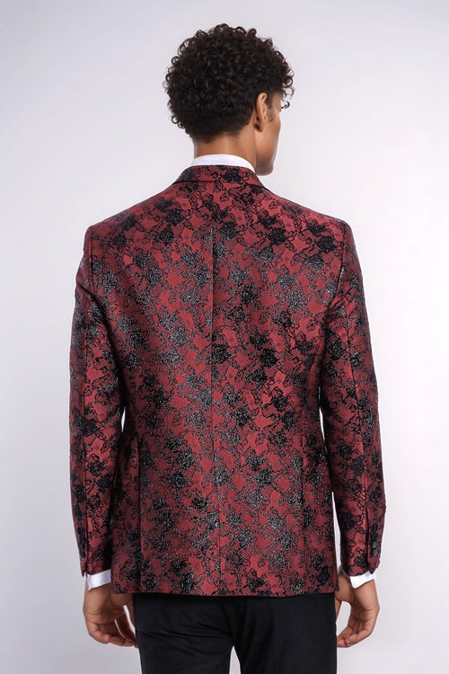 Floral Patterned Slim Fit Burgundy Men Prom Blazer - Wessi