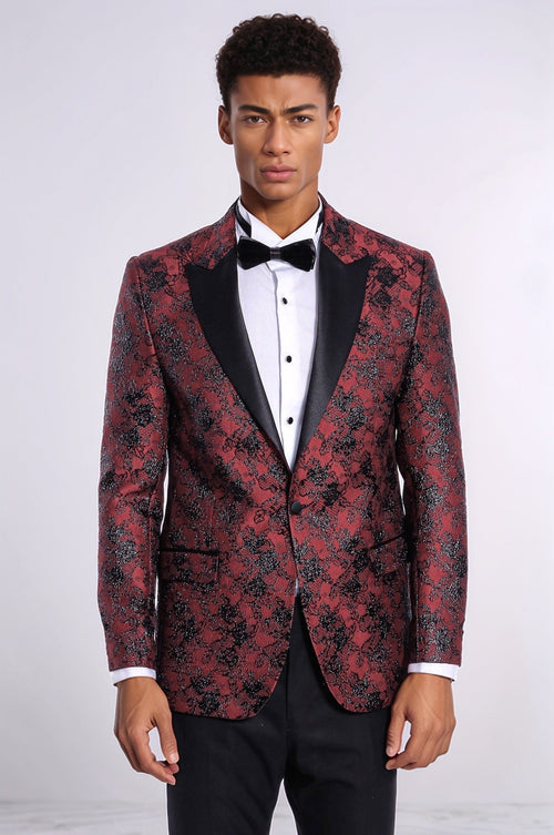 Floral Patterned Slim Fit Burgundy Men Prom Blazer - Wessi