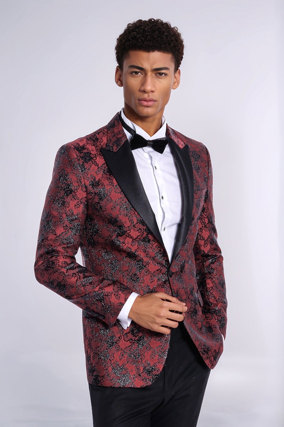 Floral Patterned Slim Fit Burgundy Men Prom Blazer - Wessi