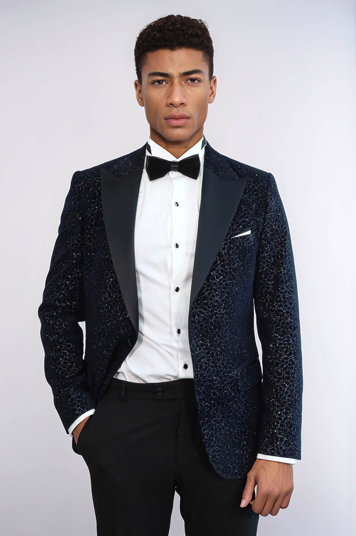 Glitter Floral Patterned Navy Blue Men Prom Blazer - Wessi
