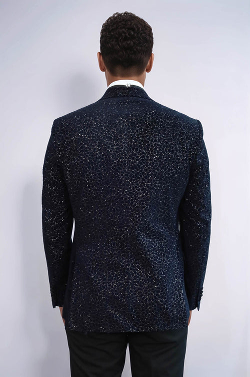 Glitter Floral Patterned Navy Blue Men Prom Blazer - Wessi