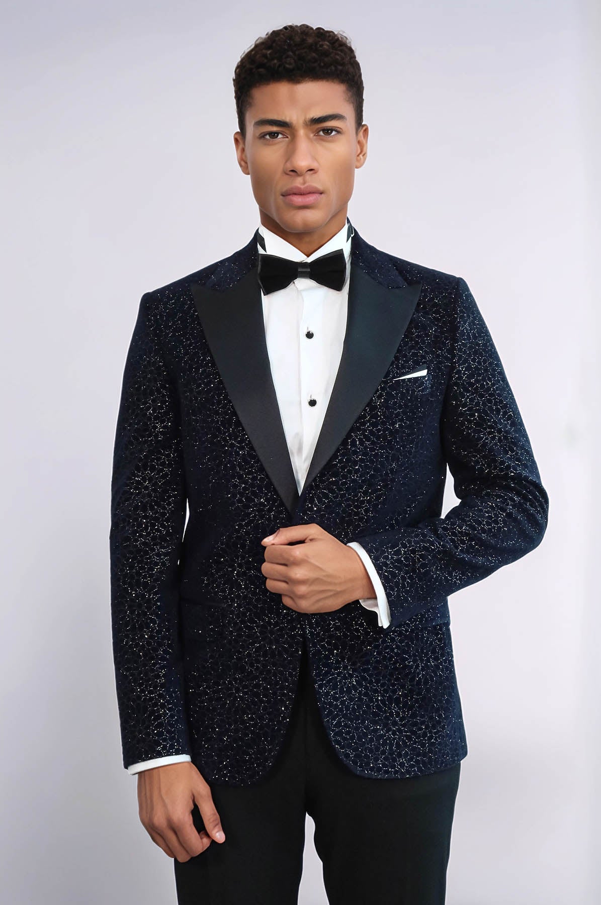 Glitter Floral Patterned Navy Blue Men Prom Blazer - Wessi