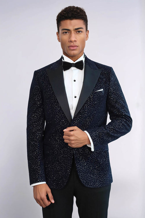 Glitter Floral Patterned Navy Blue Men Prom Blazer - Wessi