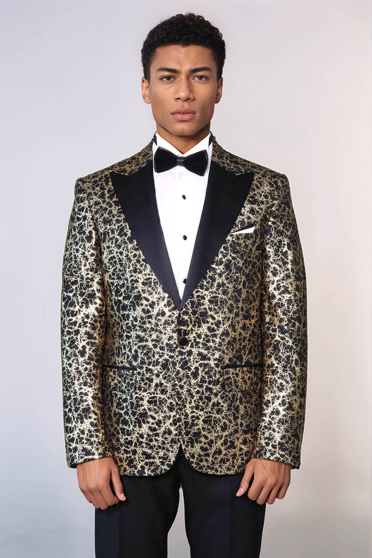 Root Pattern Peak Lapel Black Men Prom Blazer - Wessi