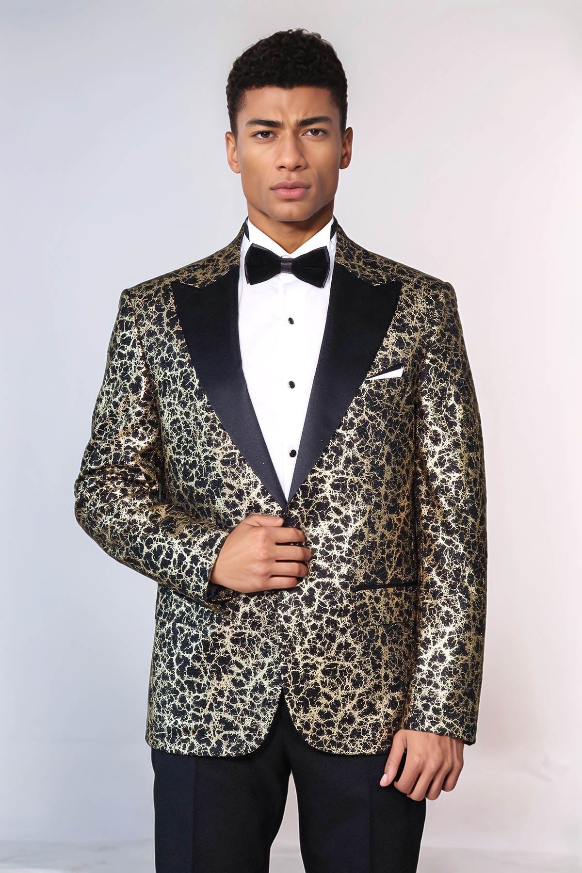 Root Pattern Peak Lapel Black Men Prom Blazer - Wessi