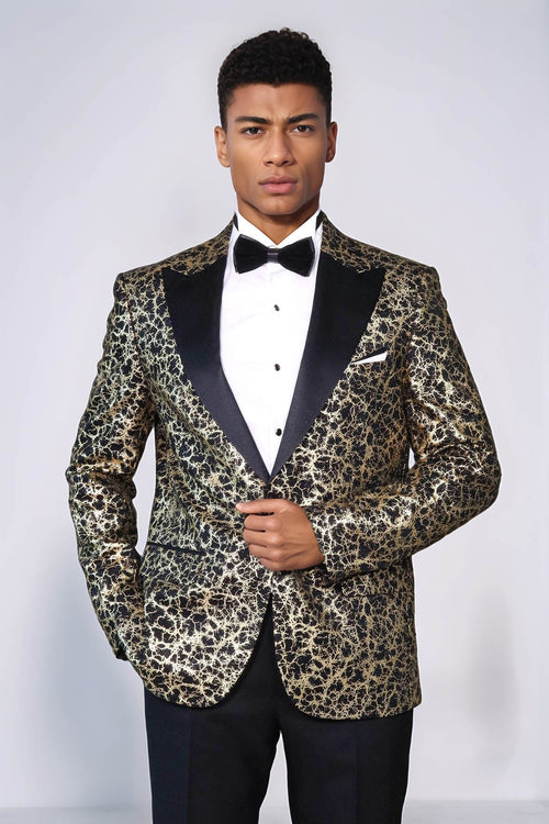 Root Pattern Peak Lapel Black Men Prom Blazer - Wessi