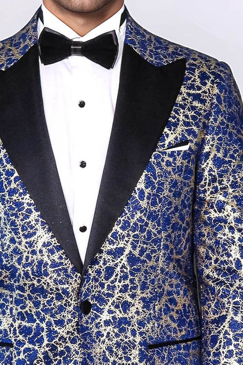 Root Pattern Peak Lapel Dark Blue Men Prom Blazer - Wessi