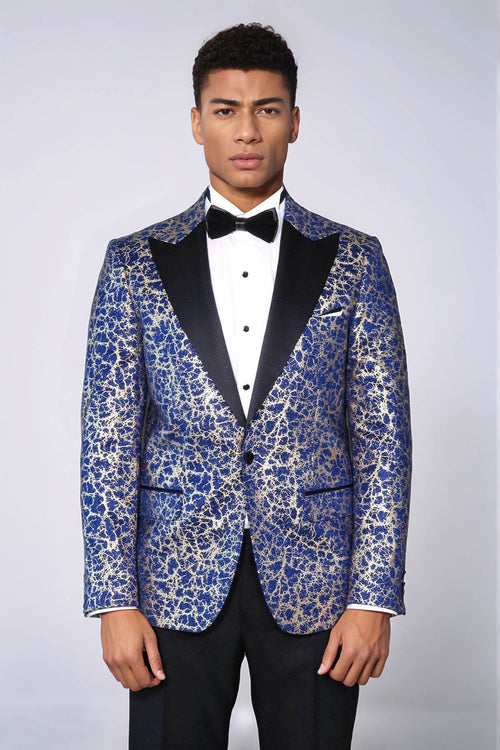 Root Pattern Peak Lapel Dark Blue Men Prom Blazer - Wessi