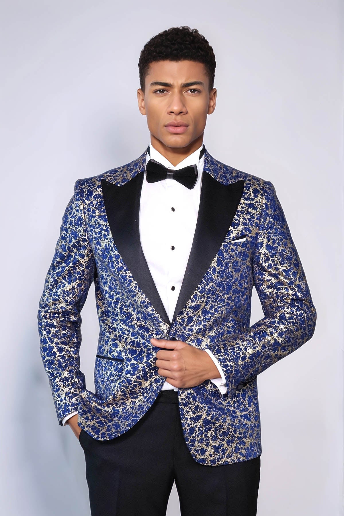 Root Pattern Peak Lapel Dark Blue Men Prom Blazer - Wessi