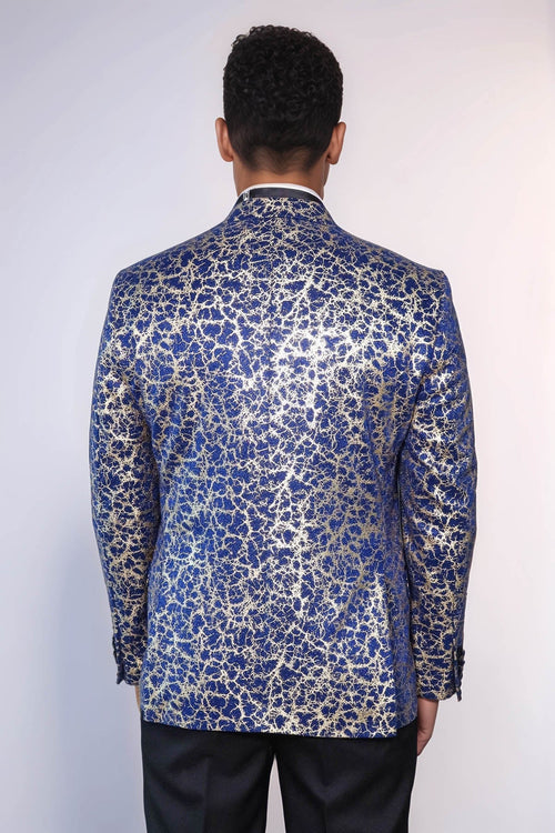 Root Pattern Peak Lapel Dark Blue Men Prom Blazer - Wessi