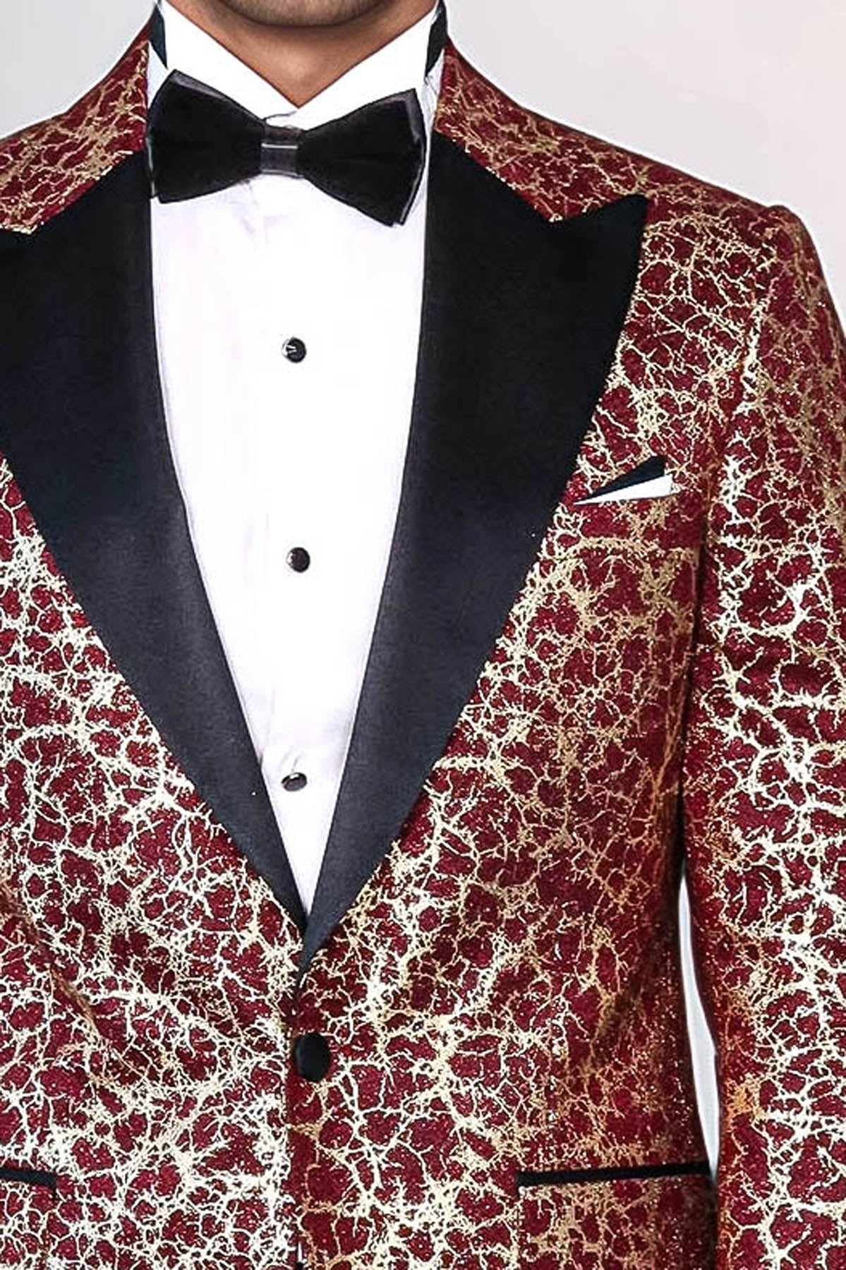 Root Pattern Peak Lapel Burgundy Men Prom Blazer - Wessi
