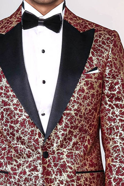Root Pattern Peak Lapel Burgundy Men Prom Blazer - Wessi
