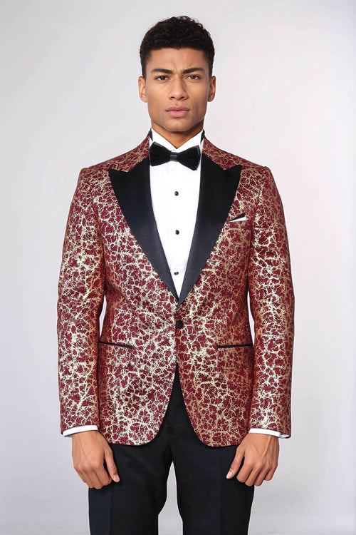 Root Pattern Peak Lapel Burgundy Men Prom Blazer - Wessi
