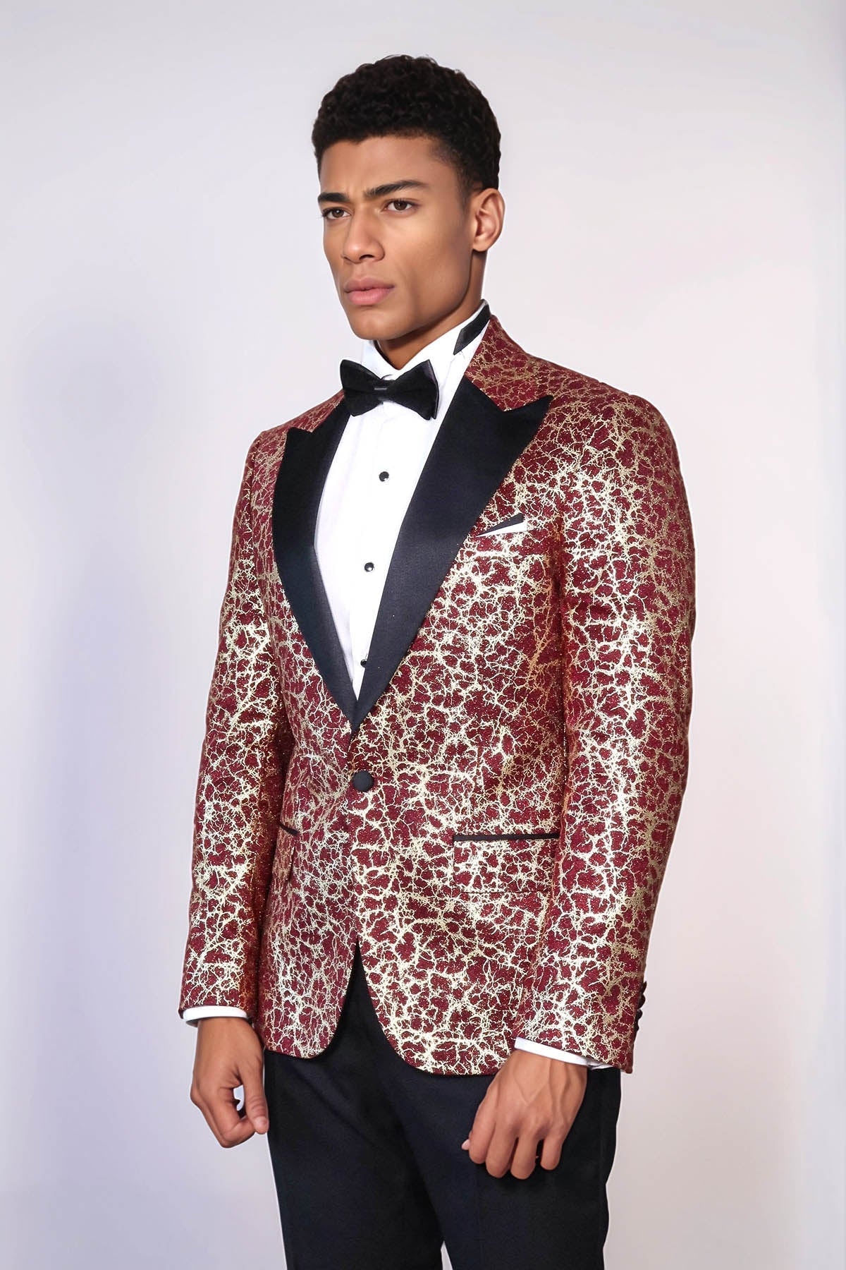 Root Pattern Peak Lapel Burgundy Men Prom Blazer - Wessi