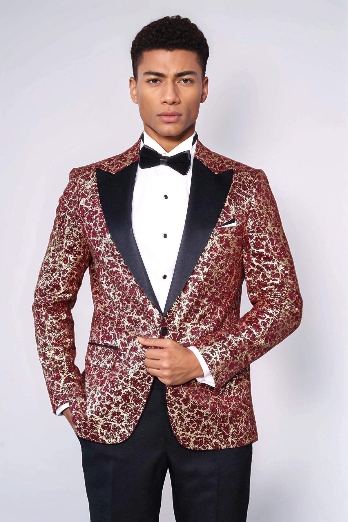 Root Pattern Peak Lapel Burgundy Men Prom Blazer - Wessi