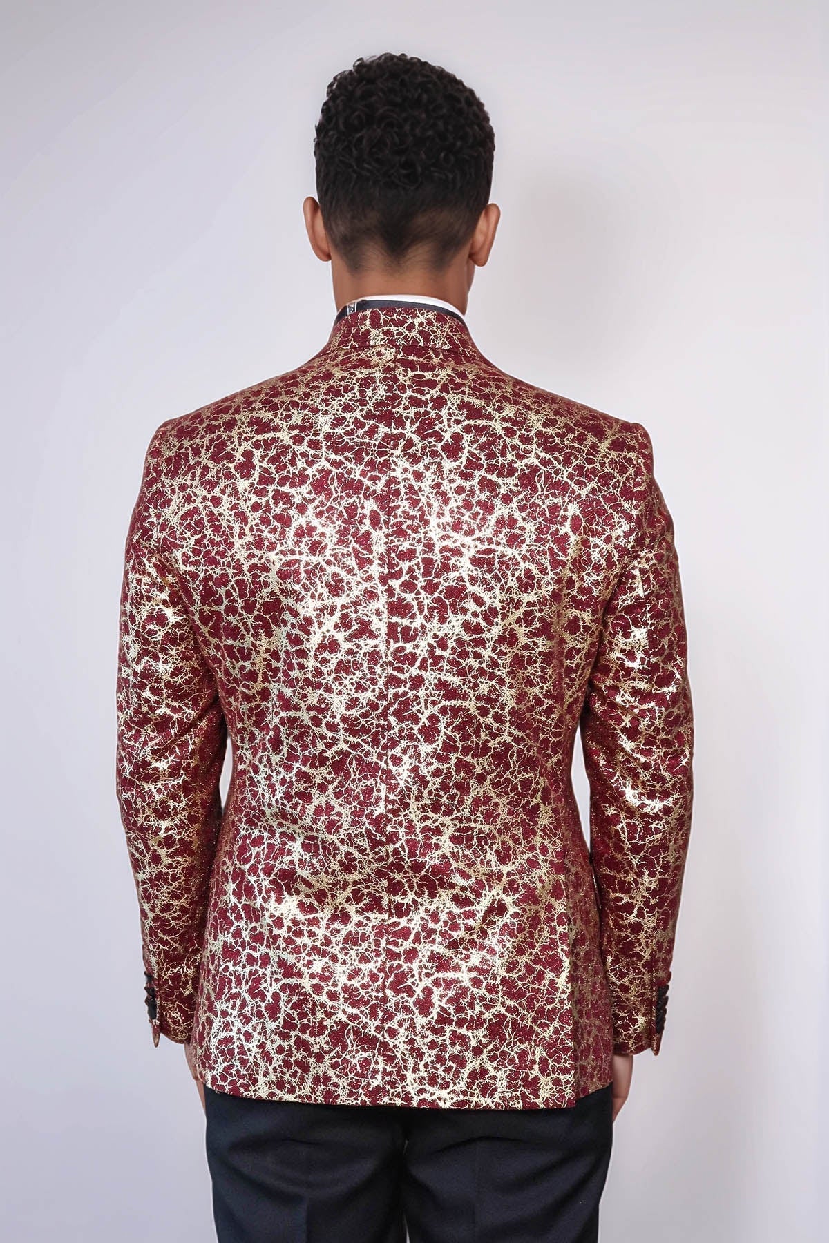 Root Pattern Peak Lapel Burgundy Men Prom Blazer - Wessi