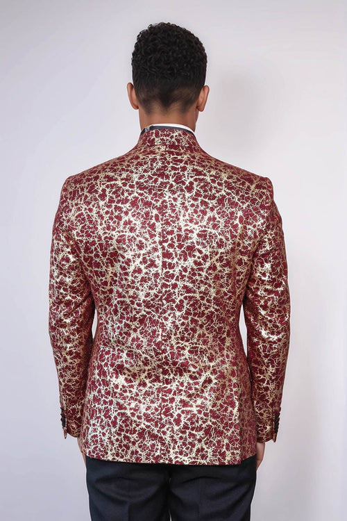 Root Pattern Peak Lapel Burgundy Men Prom Blazer - Wessi