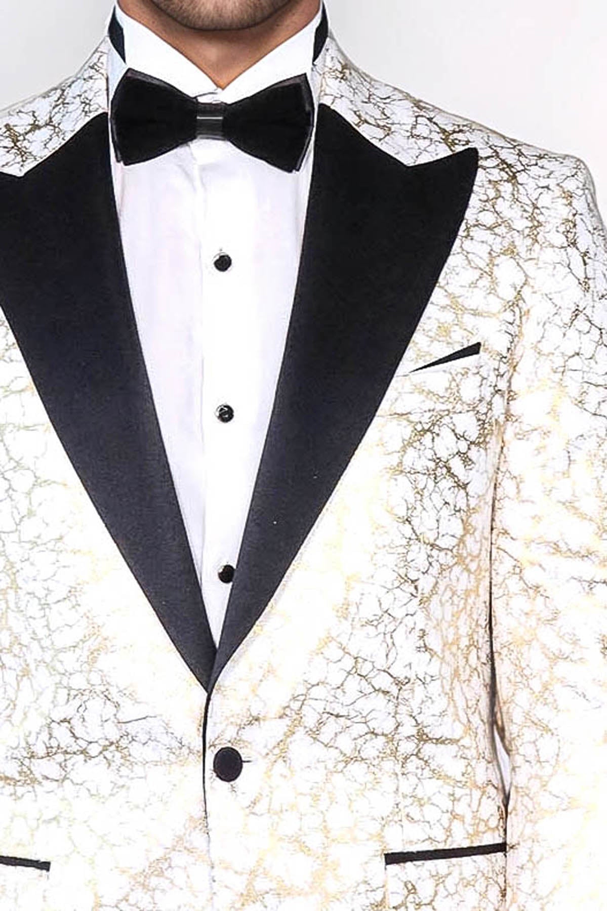 Root Pattern Peak Lapel White Men Prom Blazer - Wessi