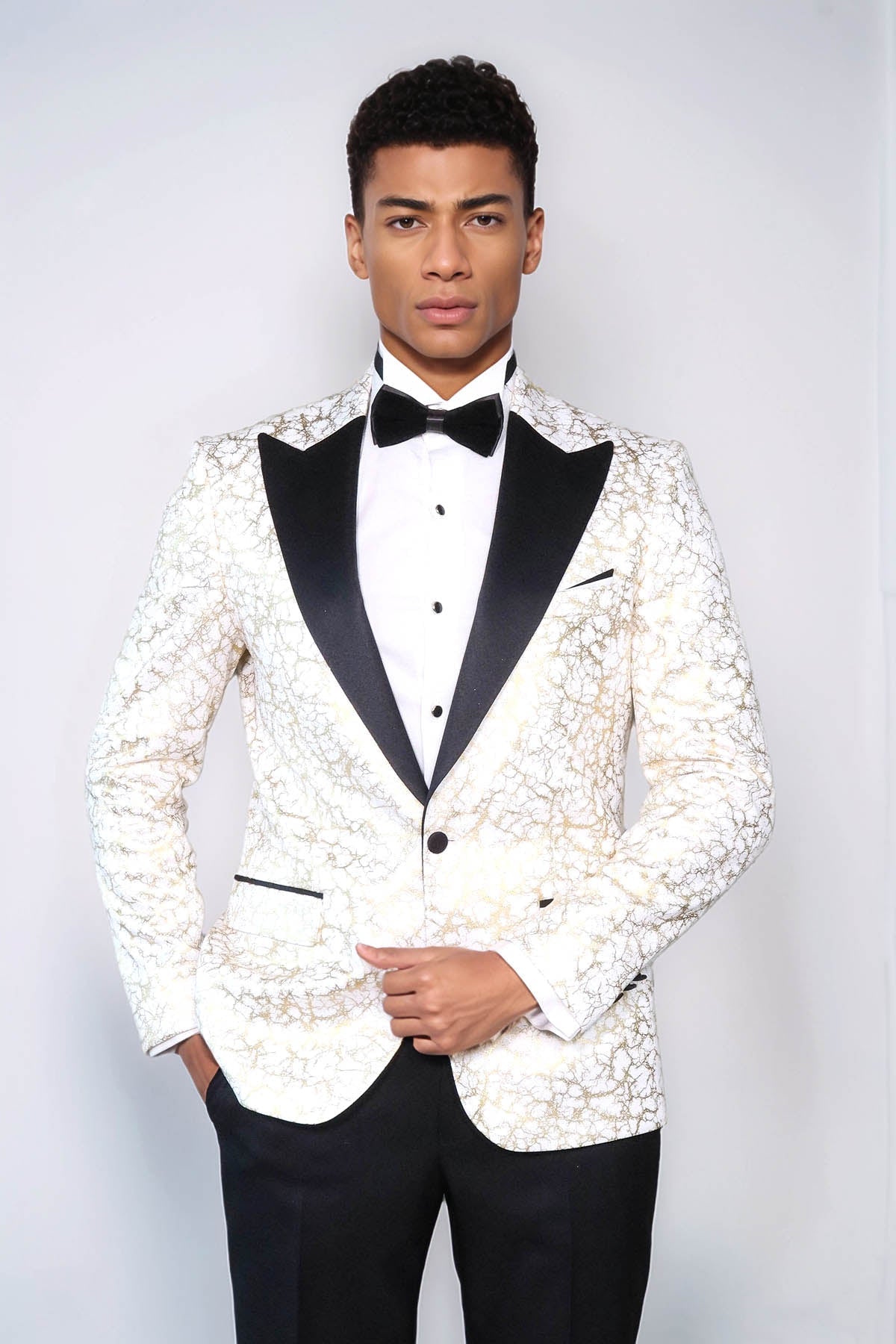 Root Pattern Peak Lapel White Men Prom Blazer - Wessi