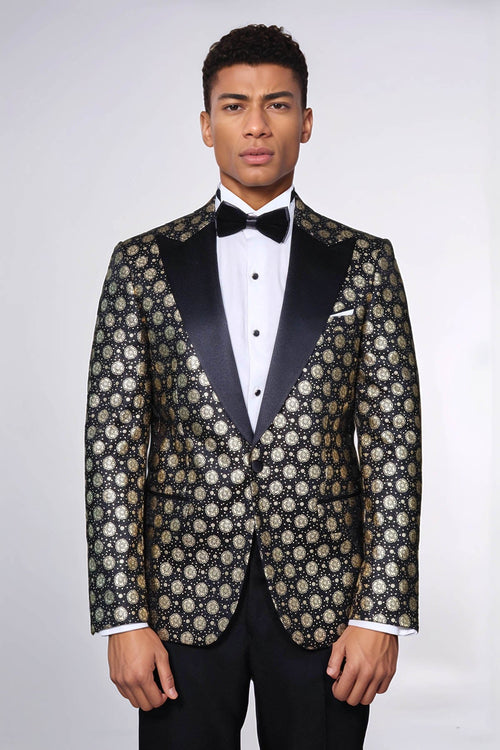 Floral Patterned Peak Lapel Black Men Prom Blazer - Wessi