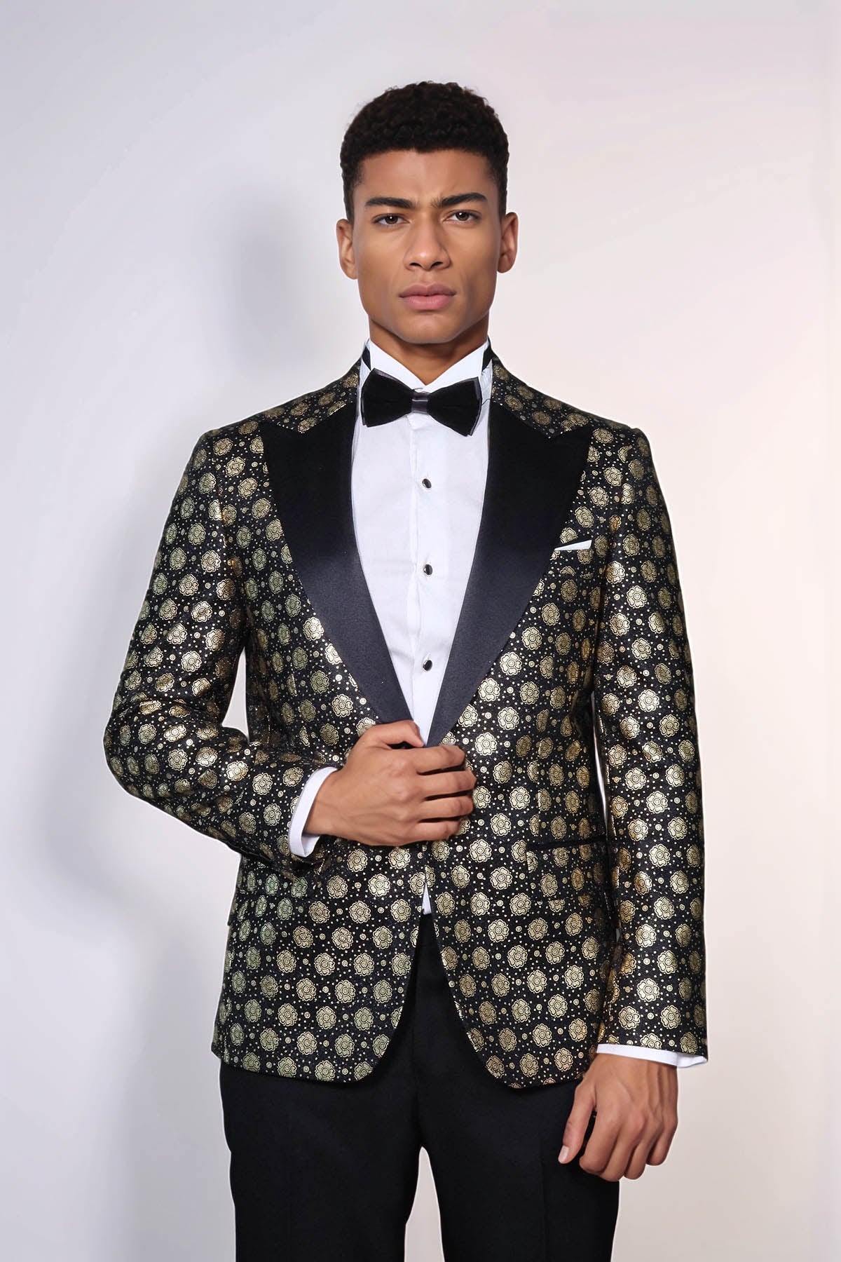 Floral Patterned Peak Lapel Black Men Prom Blazer - Wessi