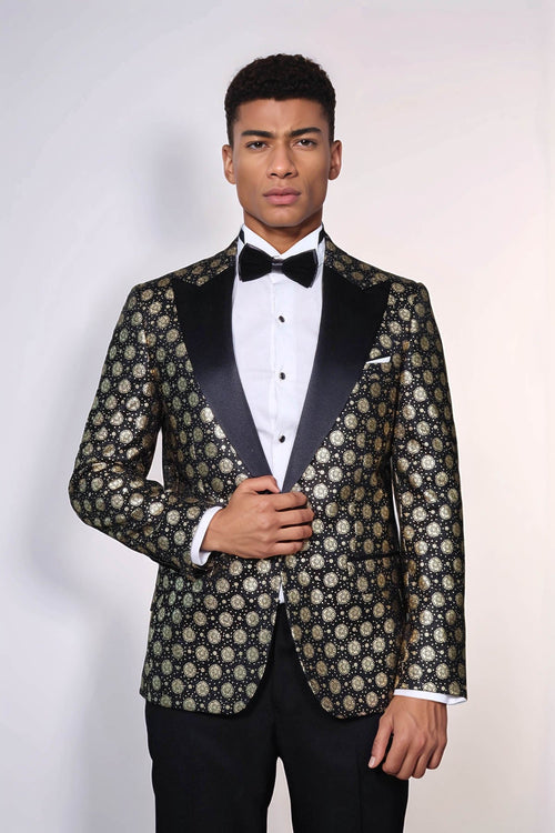 Floral Patterned Peak Lapel Black Men Prom Blazer - Wessi