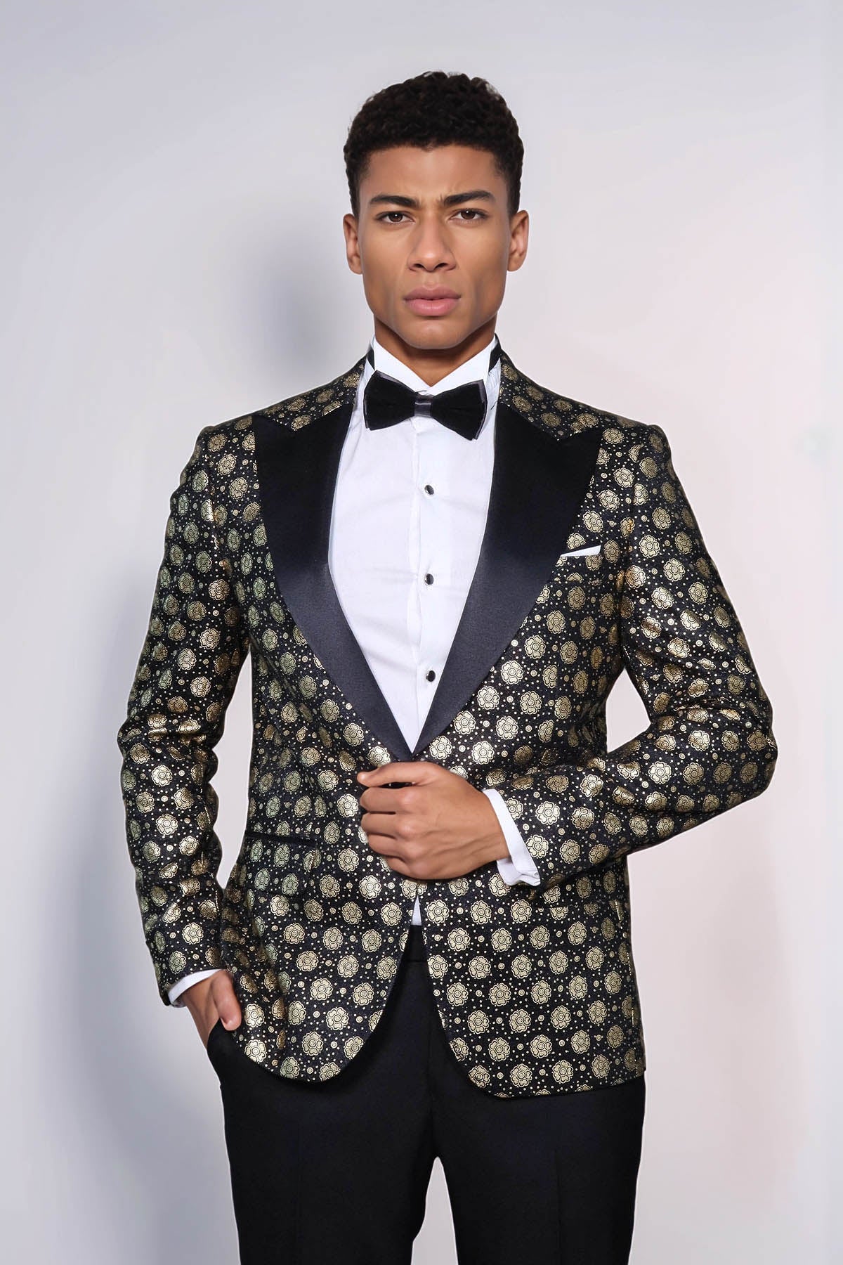 Floral Patterned Peak Lapel Black Men Prom Blazer - Wessi