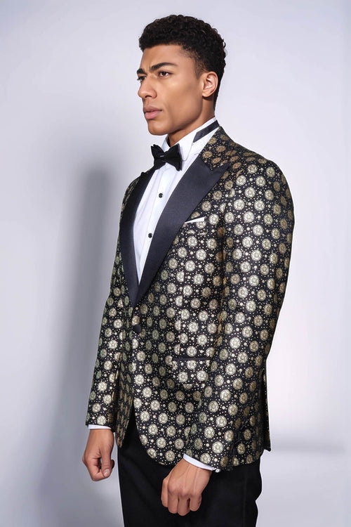 Floral Patterned Peak Lapel Black Men Prom Blazer - Wessi
