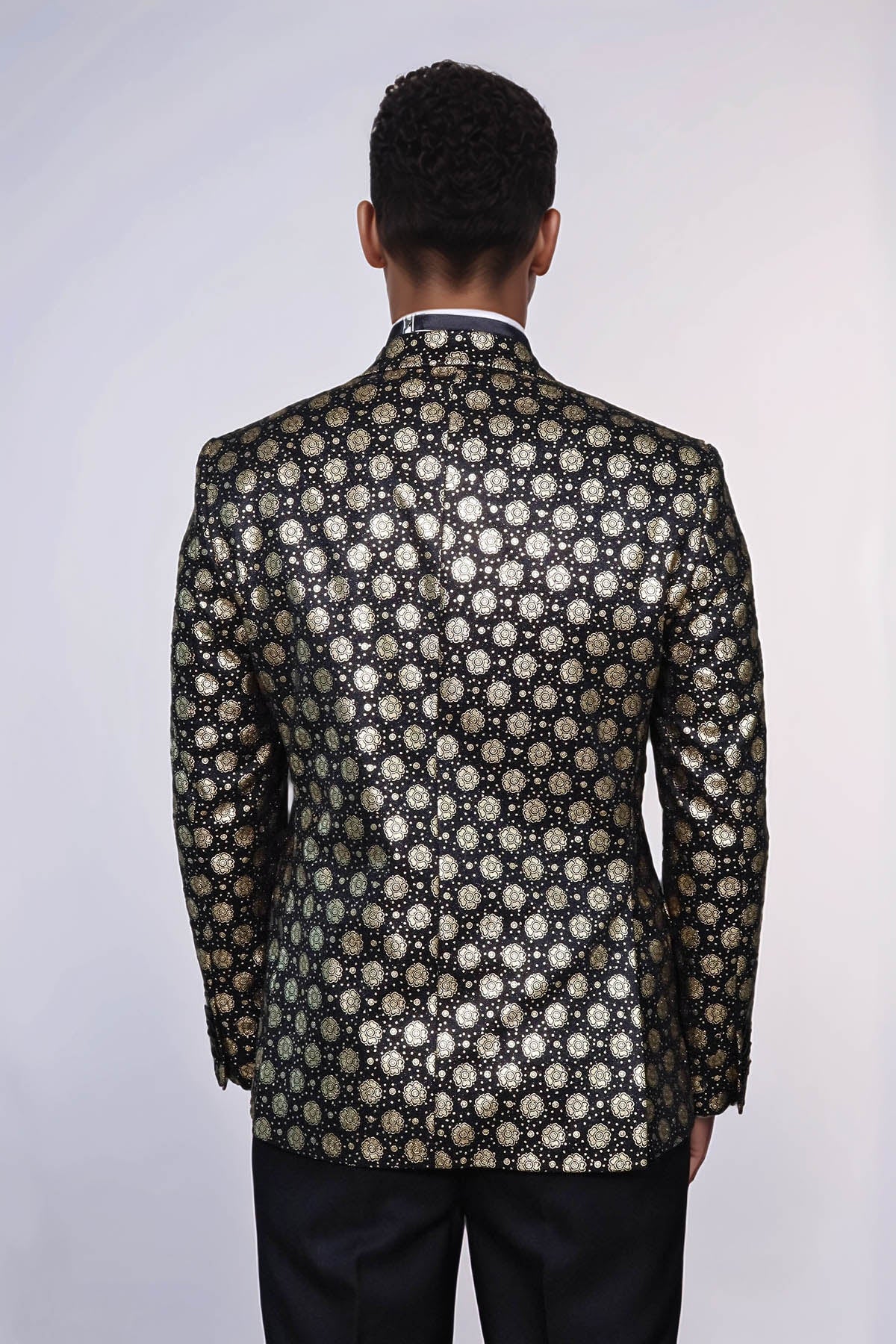 Floral Patterned Peak Lapel Black Men Prom Blazer - Wessi