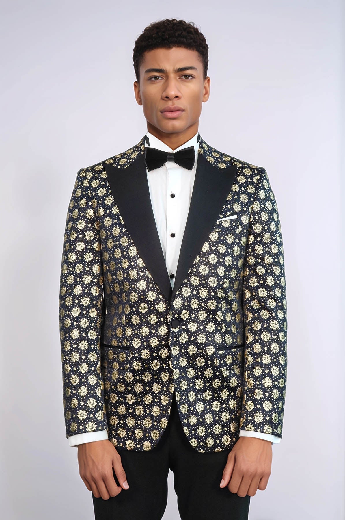 Floral Patterned Peak Lapel Navy Blue Men Prom Blazer - Wessi
