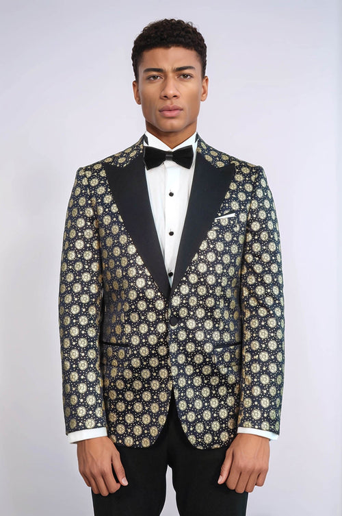 Floral Patterned Peak Lapel Navy Blue Men Prom Blazer - Wessi