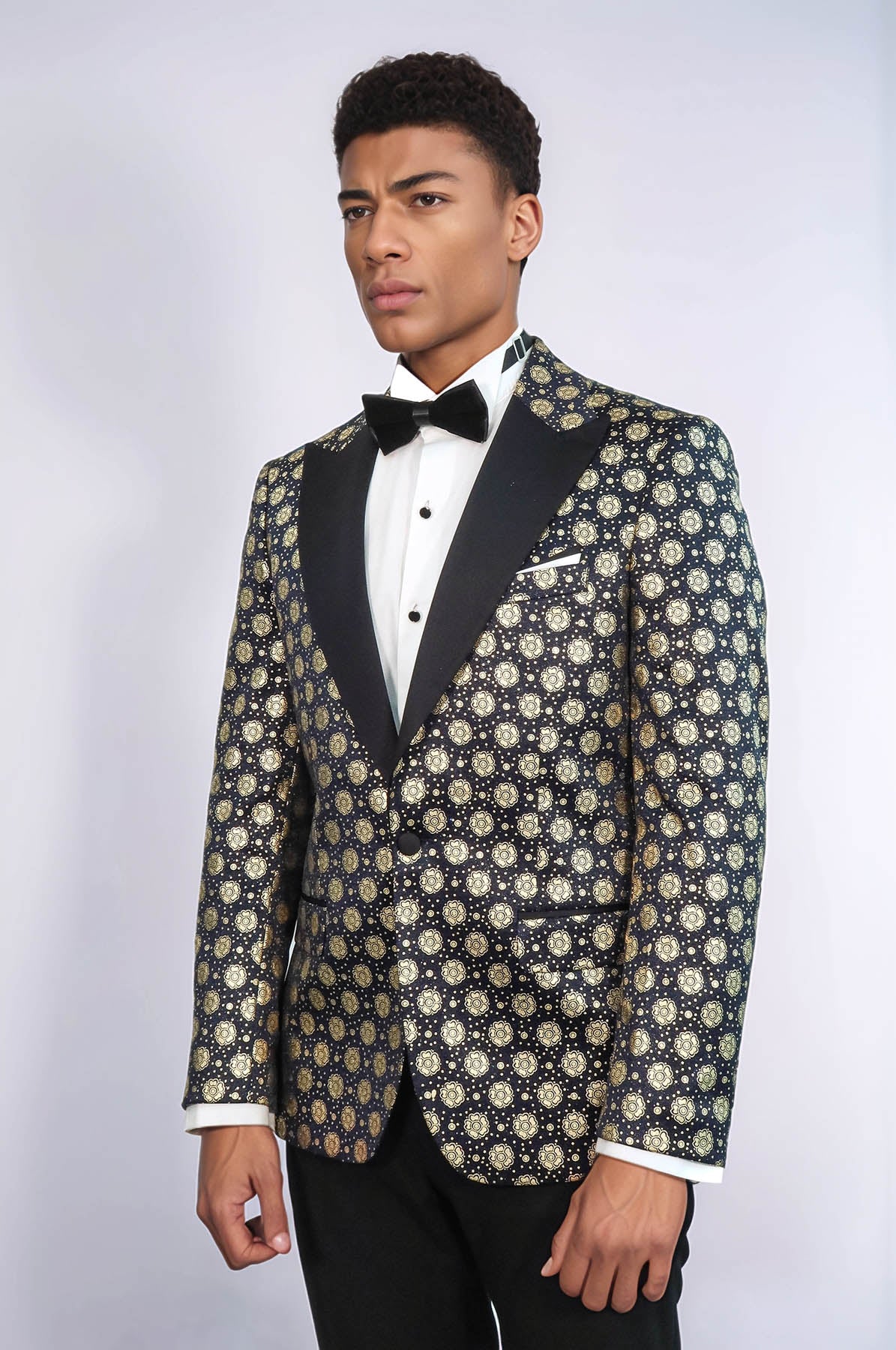 Floral Patterned Peak Lapel Navy Blue Men Prom Blazer - Wessi